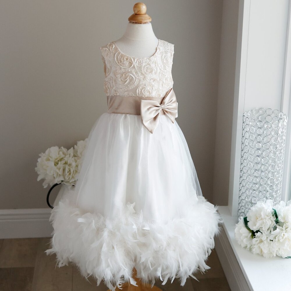 RARE Flower Girl Off-White and Champagne Dress Feathers Special Occasion Size 6